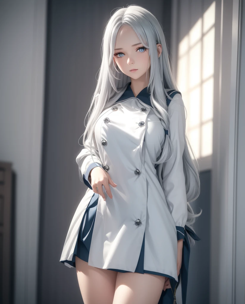     a beautiful girl,   blue eyes  ,     glowing eyes ,   closed lips    ,   long hair  ,    high resolution , breast ,   silver hair  ,  high resolution , Pechos, outfit school dress, mirando la cámara 