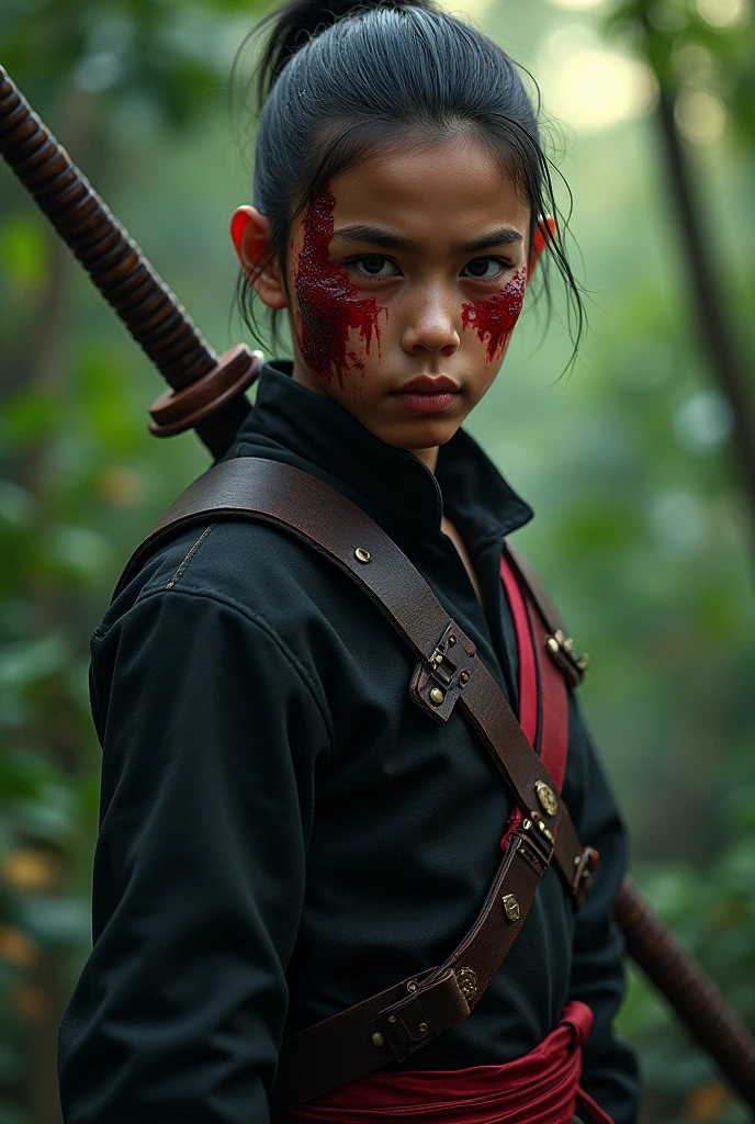 Indonesia sexy very cute beautiful woman, cutting throat of a boy ninja blindfold bloody throat, bright