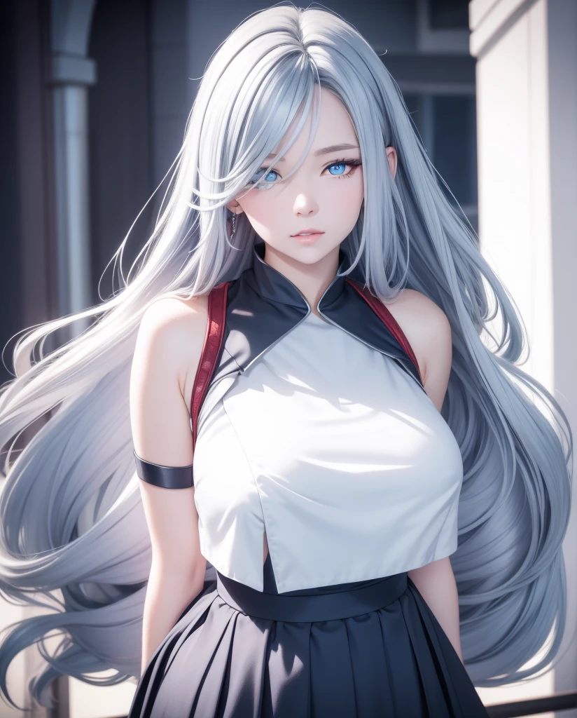     a beautiful girl,   blue eyes  ,     glowing eyes ,   closed lips    ,   long hair  ,    high resolution , breast ,   silver hair  ,  high resolution , Pechos, outfit school dress, cuerpo completo 