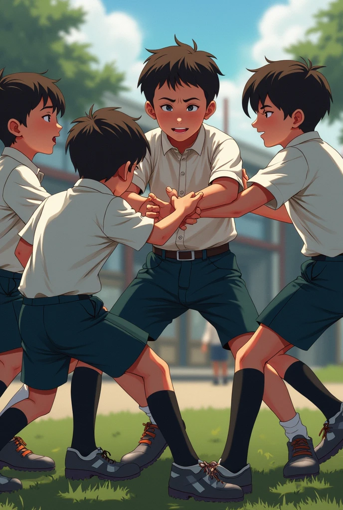 2Children from 13 years old one puts the other hand in the pants , el otro siente dolor miedo pena  , Parlero, dentro, (obra maestra, La mejor calidad, absurdos ), escuela,Classroom two shirtless kids are in school have sweatpants looking into each other's eyes sadly are in the sports room