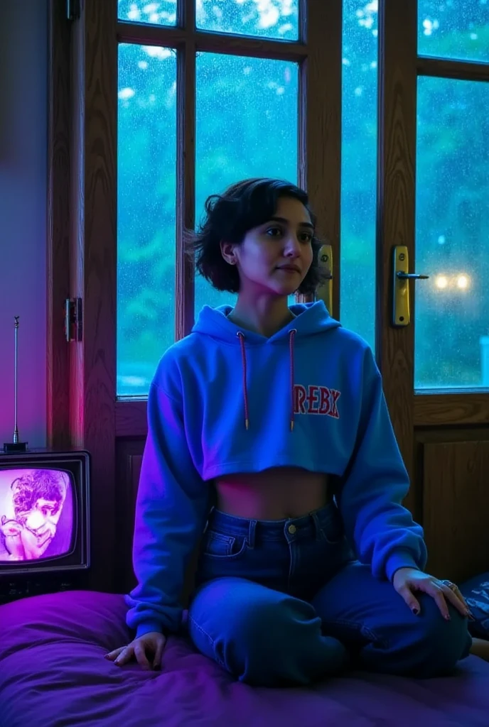 "A cozy and cinematic bedroom with a dark, rainy atmosphere, featuring A woman medium boobs with short wavy auburn hair, wearing a lush blue hoodie and fit jeans, The room is illuminated by moody neon lights in shades of deep purple and soft green, casting a mysterious and calming glow on the walls. A vintage classic TV is playing static or an old movie, adding a nostalgic touch. Through the large glass window, heavy rain is visible, with water droplets streaming down the glass, creating a serene ambiance. The room features minimalistic furniture, with a comfortable bed and a small nightstand. The scene is rich with detail, evoking a sense of solitude and introspection."
Closup