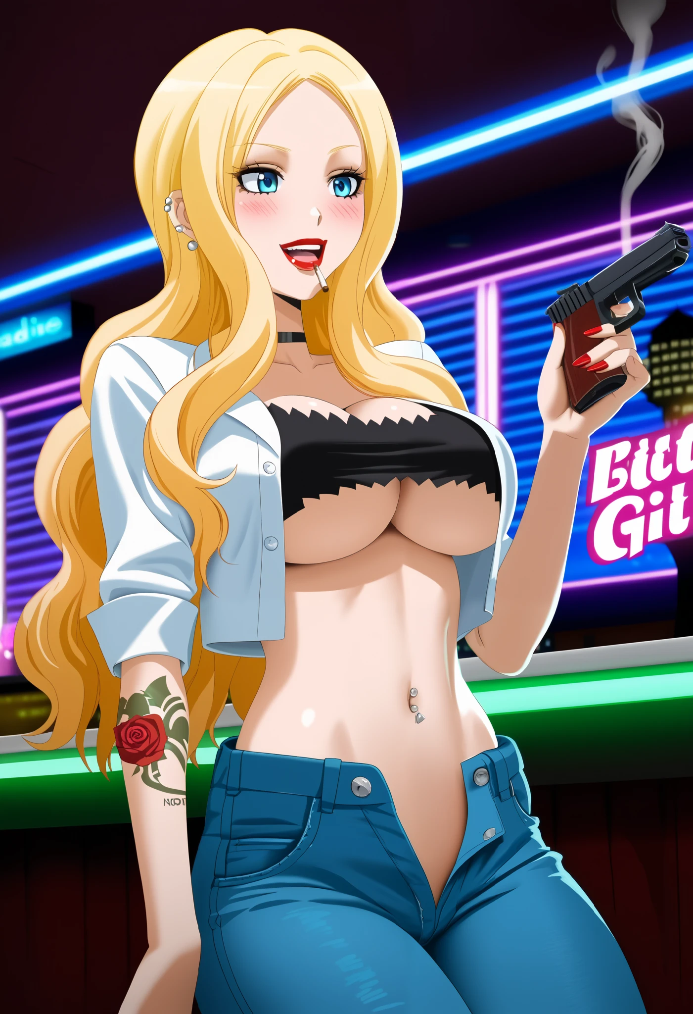 aairina, long hair, parted bangs, blue eyes, choker, red lips, large breasts, ear piercing, long hair, blush, lipstick,Hot girl, baddie, smoking, sensual, attractive, bar
background, inside bar,indoors, cityscape, casino, nightclub, city lights, masterpiece,high
quality,4k,belly,,holding pistol,cleavage, unbuttoned shirt, shirt, knot, indoor,smile, open mouth,
(nsfw) not safe for work, evil expression, exposed belly, exposed navel, exposed midriff, exposed
lower belly, crop top overhang, underboob,jacket, unbuttoned jeans , low rise black jeans, Low rise
jeans, Low rise jeans with open fly,, tattoo on body, dragon tattoo, tattoo midriff, rose tattoo,, navel piercing