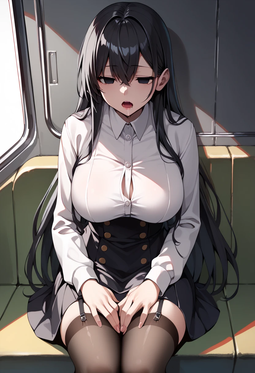 Masterpiece,source_anime,A Solo matured woman,looking straight forward,black hair,straight long hair,large breast,black lingries,black garterbelt,garter stockings,sitting on seat,hands on thigh,dazed,BREAK,red eyes,empty eyes,half closed eyes,chestnut mouth,open mouth,drooling,saliva,saliva trail,expression less,in train,night outside,cowboy shot,