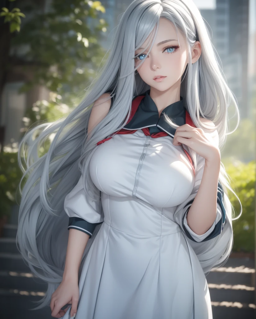     a beautiful girl,   blue eyes  ,     glowing eyes ,   closed lips    ,   long hair  ,    high resolution , breast ,   silver hair  ,  high resolution , Pechos, outfit school dress, mirando la cámara, cuerpo entero
