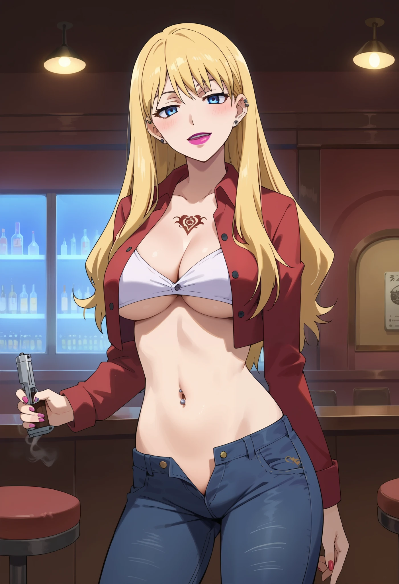 score_9,score_8_up,score_7_up,score_6_up,score_5_up,score_4_up,anime coloring,source_anime,brita,1girl,solo,blue eyes,blonde hair,long hair,lipstick, ear piercing, long hair, blush, lipstick,Hot girl, baddie, smoking, sensual, attractive, bar
background, inside bar,indoors, cityscape, casino, nightclub, city lights, masterpiece,high
quality,4k,belly,,holding pistol,cleavage, unbuttoned shirt, shirt, knot, indoor,smile, open mouth,
(nsfw) not safe for work, evil expression, exposed belly, exposed navel, exposed midriff, exposed
lower belly, crop top overhang, underboob,jacket, unbuttoned jeans , low rise black jeans, Low rise
jeans, Low rise jeans with open fly, tattoo on body, dragon tattoo, tattoo midriff, rose tattoo,, navel piercing