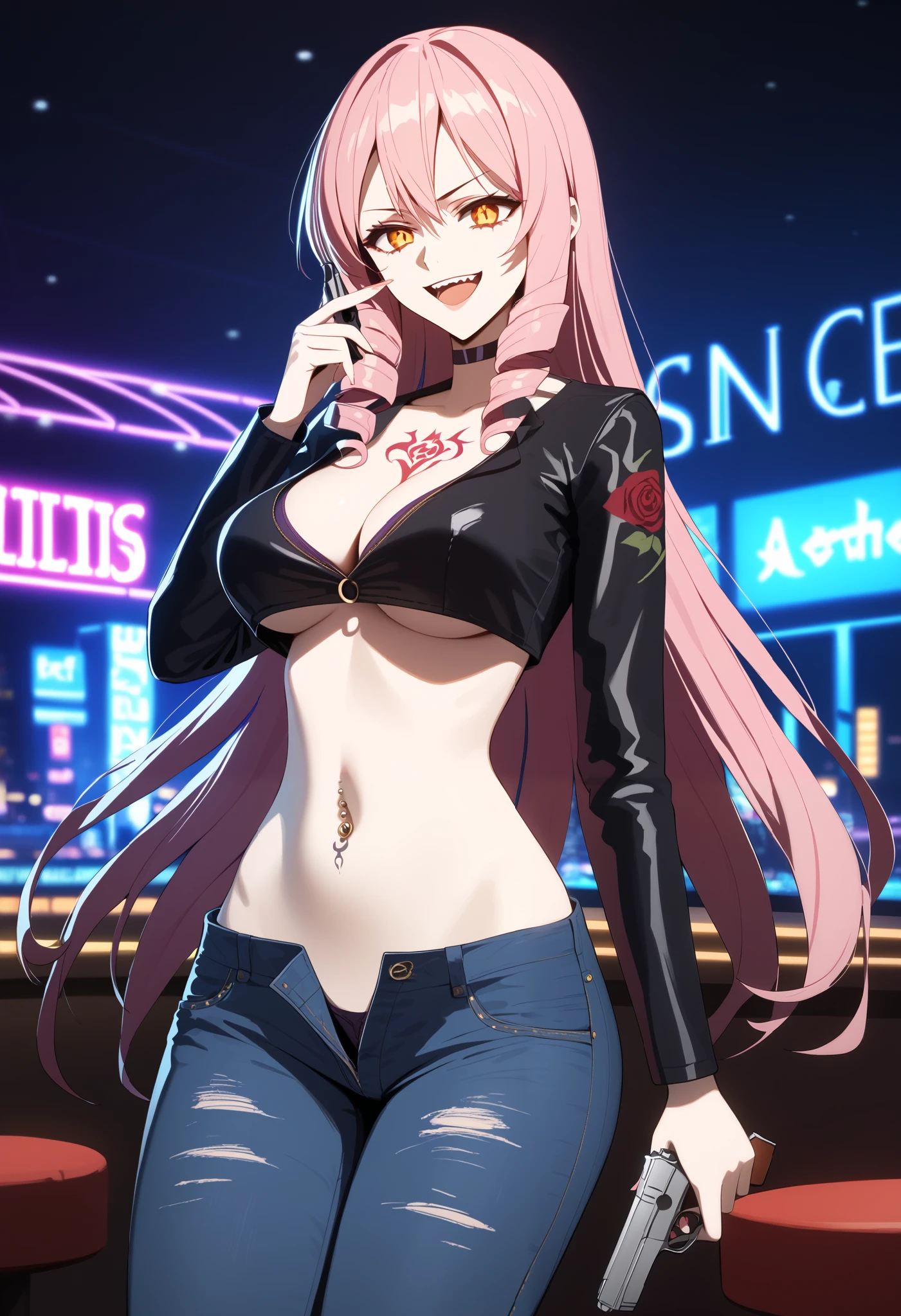 1girl, solo,
score_6, score_7, score_8, score_9,
 pink hair, long hair, drill hair, orange_eyes, yellow_eyes, midriff, navel, cleavage, smirk, FullyExposedStomach, midriff, navel,
(toned_body:0.8),  bar
background, inside bar,indoors, cityscape, casino, nightclub, city lights, masterpiece,high
quality,4k,belly,,holding pistol,cleavage, unbuttoned shirt, shirt, knot, indoor,smile, open mouth,
(nsfw) not safe for work, evil expression, exposed belly, exposed navel, exposed midriff, exposed
lower belly, crop top overhang, underboob,jacket, unbuttoned jeans , low rise black jeans, Low rise
jeans, Low rise jeans with open fly,, tattoo on body, dragon tattoo, tattoo midriff, rose tattoo,, dual wielding, navel piercing