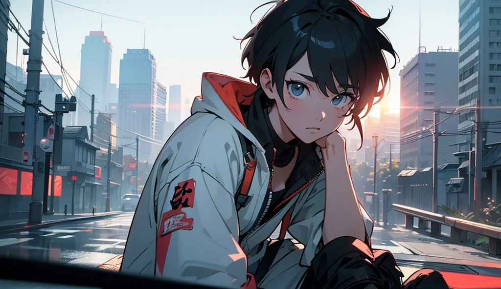 Anime style, A Post Apocalyptic Hong Kong city, Hong Kong streets In The Background Are Half Destroyed, Apocalyptic, white sky, HIGH DETAILED, in the style of anime manga, white, light grey and black, otherworldly paintings, wide-angle shot, lens flare, adventure, wide-angle shot, vibrant color grading, breathtaking digital art, trending on artstation, 8k, high resolution, best quality,(cartoon-style bold line work:1.2), vibrant colors, cel shading, no human