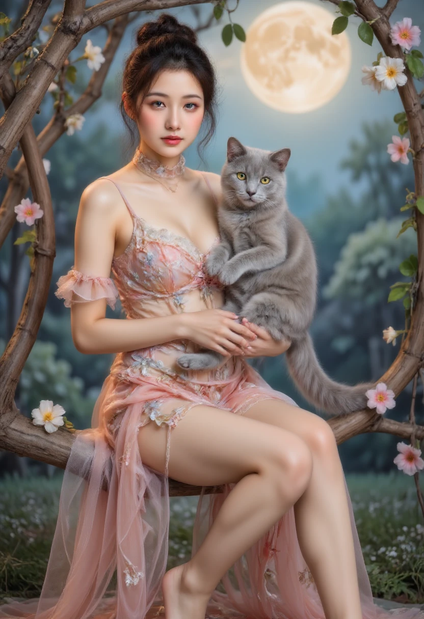 Why Floor ,   and a cute girl made of flowers sitting on a branch， holding a blue cat ， There is a full moon in the back  ，Fresh colors，  Soft colors ， blurry background， Highly detailed ， actual ， actual ，Studio Photos， Highly detailed ，Dynamic，，masterpiece，Complex，HDR，Abstract fractal， Romantic atmosphere  