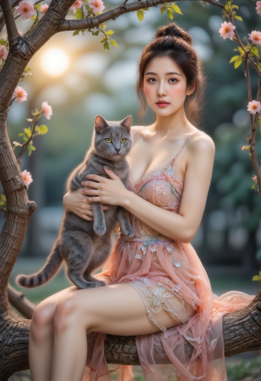 Why Floor ,   and a cute girl made of flowers sitting on a branch， holding a blue cat ， There is a full moon in the back  ，Fresh colors，  Soft colors ， blurry background， Highly detailed ， actual ， actual ，Studio Photos， Highly detailed ，Dynamic，，masterpiece，Complex，HDR，Abstract fractal， Romantic atmosphere  