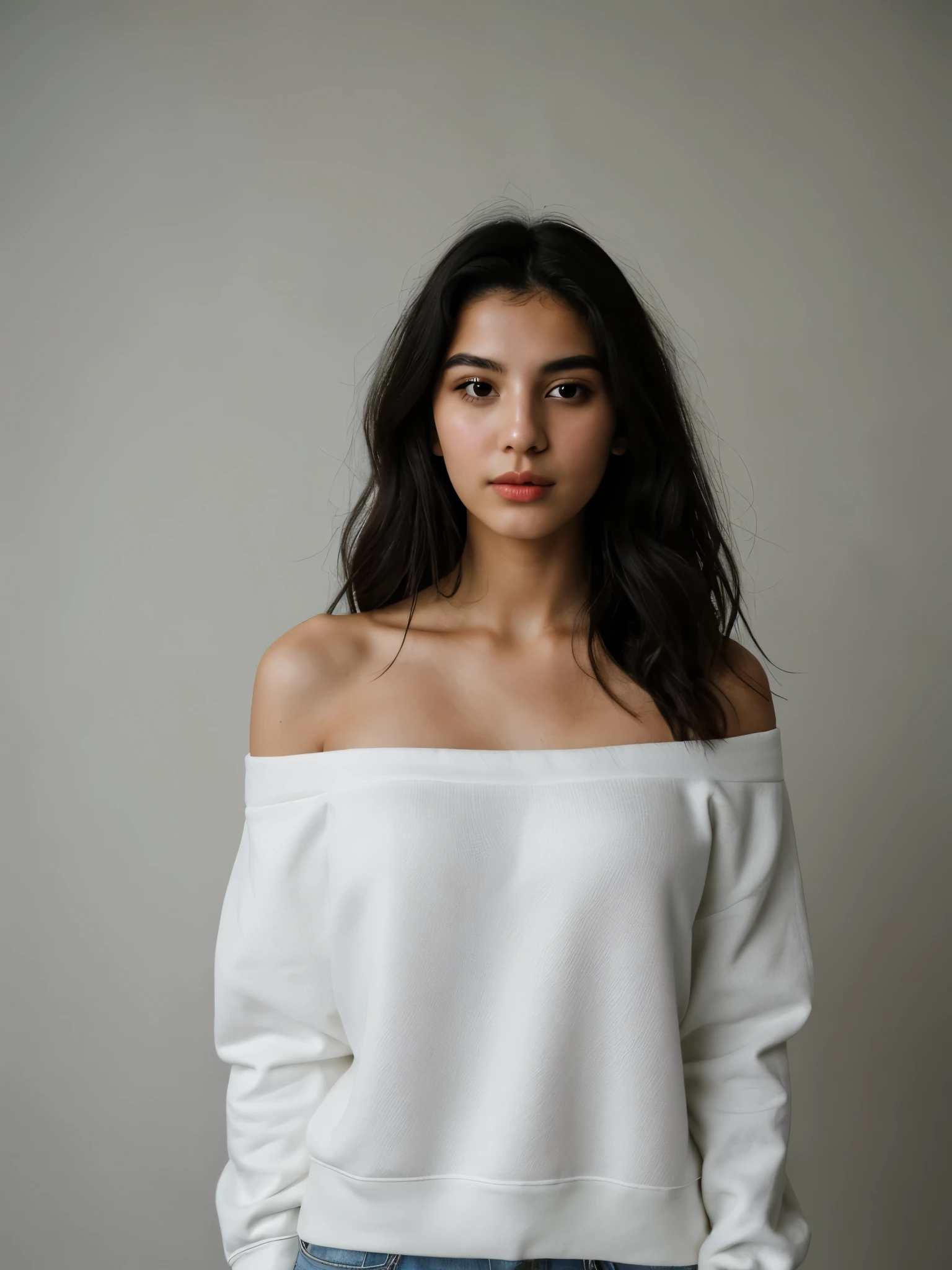 analog raw candid photo of a beautiful young Greek woman, realistic skin texture, black long messy hair, slim, (closed mouth:1.1), white off shoulder oversized Korean style sweatshirt, studio lighting, studio portrait, 35mm, perfect proportion, half body portrait 