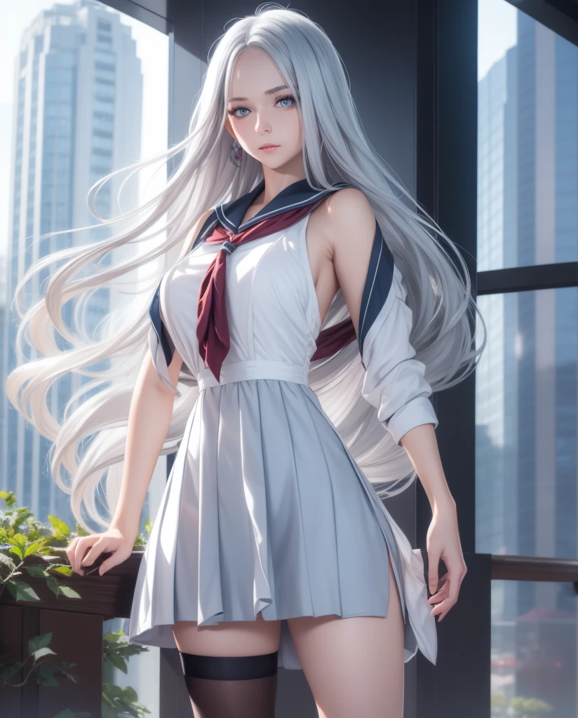     a beautiful girl,   blue eyes  ,     glowing eyes ,   closed lips    ,   long hair  ,    high resolution , breast ,   silver hair  ,  high resolution , Pechos, outfit school dress, mirando la cámara, cuerpo entero
