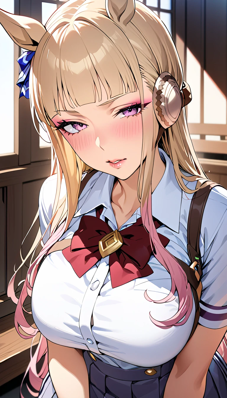 1scene,high quality,Super High resolution,High resolution illustration,masterpiece,Extremely detailed,Blonde HAIR,High resolution,Japanese,gyaru make,pink eyeliner,pink lip,earrings,goldship(umamusume) ,school uniform,Medium chest,Beautiful curves,Long and complicated hair,Mole under the eye