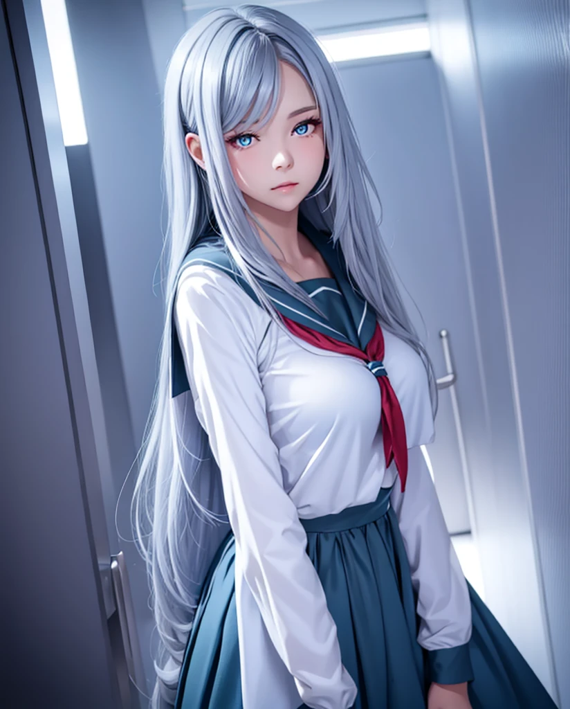     a beautiful girl,   blue eyes  ,     glowing eyes ,   closed lips    ,   long hair  ,    high resolution , breast ,   silver hair  ,  high resolution , Pechos, outfit school dress, mirando la cámara, cuerpo entero
