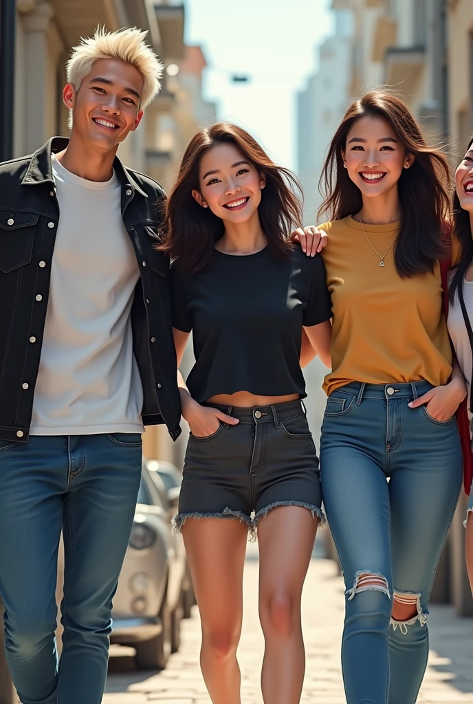 2 joyful teens  people(1 guy and 1 girl), holding hands, Brother and sister, Love, friendship, chubby, brown-eyed, very shaggy tousled brown topless and jeans, lace-up boots, smile at each other; whole body, realistic skin, Realistic eyes, Same height, Modern, High quality textures, very detailed, Anatomical Realism of Hands, Fantastic cutie, funny, IP design, Clean 3D rendering of bright backgrounds, OC rendering, 8K, мягкий focus, Ultra-Thin Glossy Detail --Air 3:6 50 --q 2 --niji 5 --expressive style --s 2