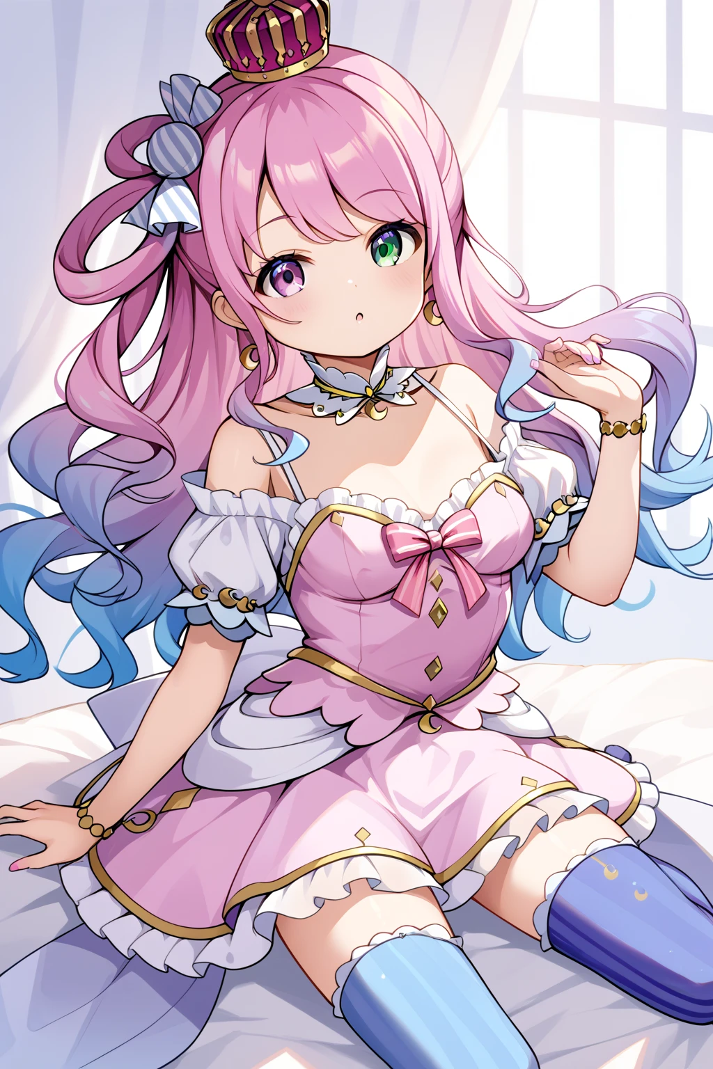 HimemoriLuna,  heterochromia, long hair, single hair ring, candy hair ornament,
LunaBase,  heterochromia, long hair, single hair ring, candy hair ornament, crown, earrings, detached collar, nipple slip from off shoulder pink dress, bare shoulders, short sleeves, bracelet, striped thighhighs,
1girl,Alone,(loli)、Nipples、