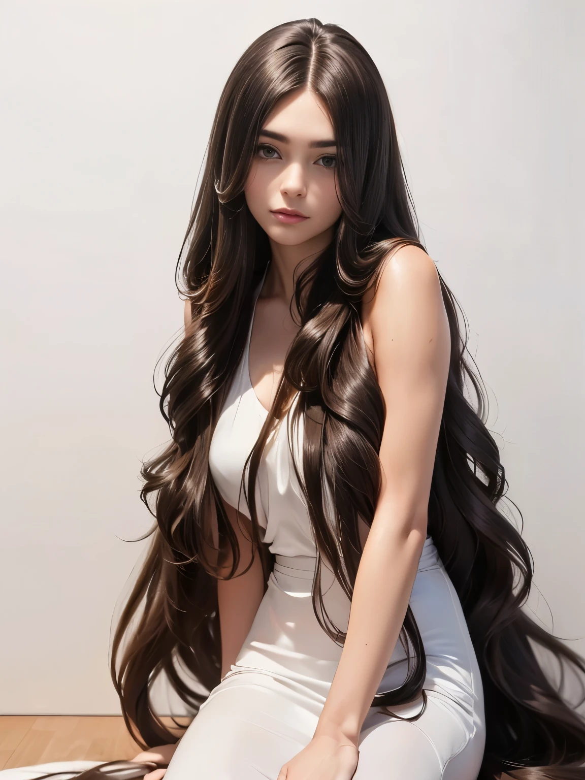 　(Upper Body Shot:1.1)　(she does random sway back stance in front of a white wall:1.4)　((highest quality)), ((masterpiece)), (Familiar), (Get used to it)　(her hair is incredibly wavy:1.5)　(Very long hair that reaches down to the ankles!!!!!　highest quality　Highest detail　Very long hair that reaches down to the ankles!!!!! Hair that continues to grow forever　Flowing hair　Very shiny and thick hair　Abnormally long hair that lasts forever!!!!!　Flowing hair on both ends!!!!!!!!!　Very long hair that reaches down to the ankles!!!!!　Very long hair that reaches down to the ankles!!!!!　Thick and shiny hair　Very free hair　Abnormally long hair!!!!!　Beautiful silky hair　Beautiful and shiny hair　Beautiful and shiny hair　Beautiful silky hair　Very long hair that reaches down to the ankles!!!!!　Abnormally long hair!!!!!　Abnormally long hair!!!!!)　(highest quality　The best ultra-fine　Very long hair that reaches down to the ankles!!!!!　highest quality　Highest detail　Very long hair that reaches down to the ankles!!!!! Hair that continues to grow forever　Flowing hair　Very shiny and thick hair　Abnormally long hair that lasts forever!!!!!　Flowing hair on both ends!!!!!!!!!　Very long hair that reaches down to the ankles!!!!!　Very long hair that reaches down to the ankles!!!!!　Thick and shiny hair　Very free hair　Abnormally long hair!!!!!　Beautiful silky hair　Beautiful and shiny hair　Beautiful and shiny hair　Beautiful silky hair　Very long hair that reaches down to the ankles!!!!!　Abnormally long hair!!!!!　Abnormally long hair!!!!!)　(Her hair color is dark brown)　Perfect Woman&#39;face　(she has a typical Japanese build and skin color..., Her skin is very high quality and ultra high definition.、very beautiful and glowing skin)　(Her face is dignified and sexy)（she achieved her sexy look with the help of a professional makeup artist.。...　Lipstick is natural red　The eyeliner is a beautiful black)　(she&#39;Wearing shiny white lingerie)　((her bangs are completely cut.))　(she has a typical Japanese 