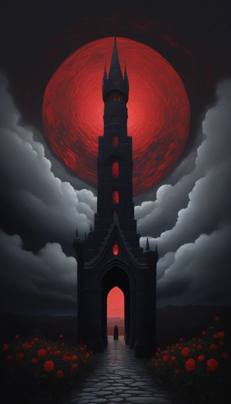 Realistic scenery, a black tower taller than edge of image, ((made of obsidian blocks)), Gothic architecture, roman arches, flying buttresses, red glass mosaic windows, sky is a dark and ominous vibe, sky is amber-red colored, ring thunder clouds around cloudy sky, the road to the tower is modern tarmac with painted lines, road is surrounded by royal red roses in bloom, roses have a tiny cosmos in the center of the bloom, moody, atmospheric, darkly threatening, awawa, pencekenan