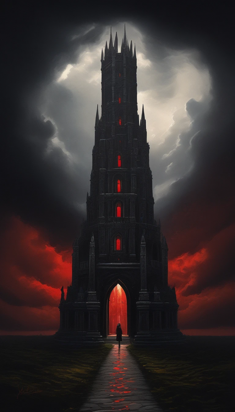 Realistic scenery, a black tower taller than edge of image, ((made of obsidian blocks)), Gothic architecture, roman arches, flying buttresses, red glass mosaic windows, sky is a dark and ominous vibe, sky is amber-red colored, ring thunder clouds around cloudy sky, the road to the tower is modern tarmac with painted lines, road is surrounded by royal red roses in bloom, roses have a tiny cosmos in the center of the bloom, moody, atmospheric, darkly threatening, awawa, pencekenan