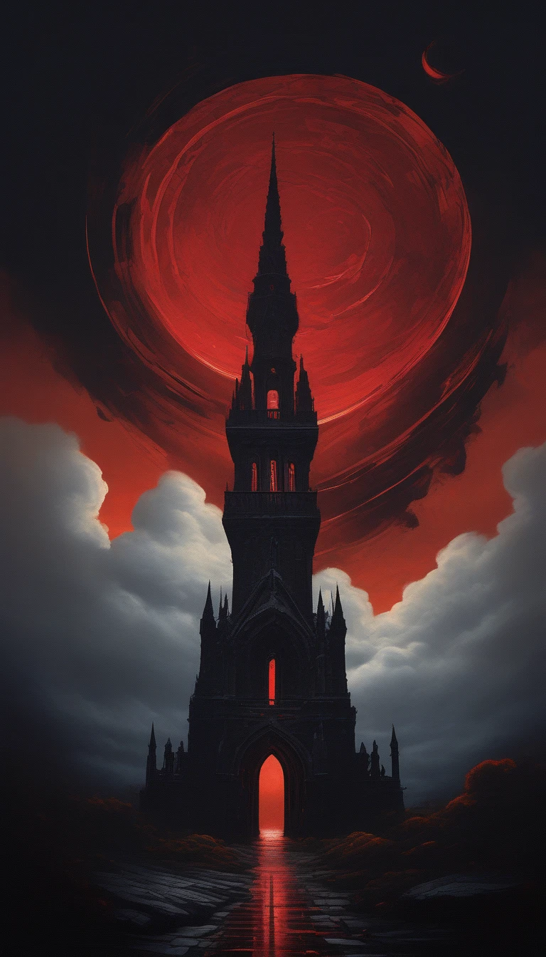 Realistic scenery, a black tower taller than edge of image, ((made of obsidian blocks)), Gothic architecture, roman arches, flying buttresses, red glass mosaic windows, sky is a dark and ominous vibe, sky is amber-red colored, ring thunder clouds around cloudy sky, the road to the tower is modern tarmac with painted lines, road is surrounded by royal red roses in bloom, roses have a tiny cosmos in the center of the bloom, moody, atmospheric, darkly threatening, awawa, pencekenan