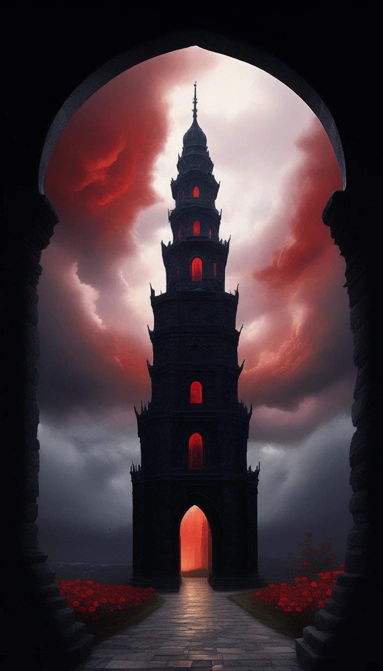 Realistic scenery, a black tower taller than edge of image, ((made of obsidian blocks)), Gothic architecture, roman arches, flying buttresses, red glass mosaic windows, sky is a dark and ominous vibe, sky is amber-red colored, ring thunder clouds around cloudy sky, the road to the tower is modern tarmac with painted lines, road is surrounded by royal red roses in bloom, roses have a tiny cosmos in the center of the bloom, moody, atmospheric, darkly threatening, awawa, pencekenan