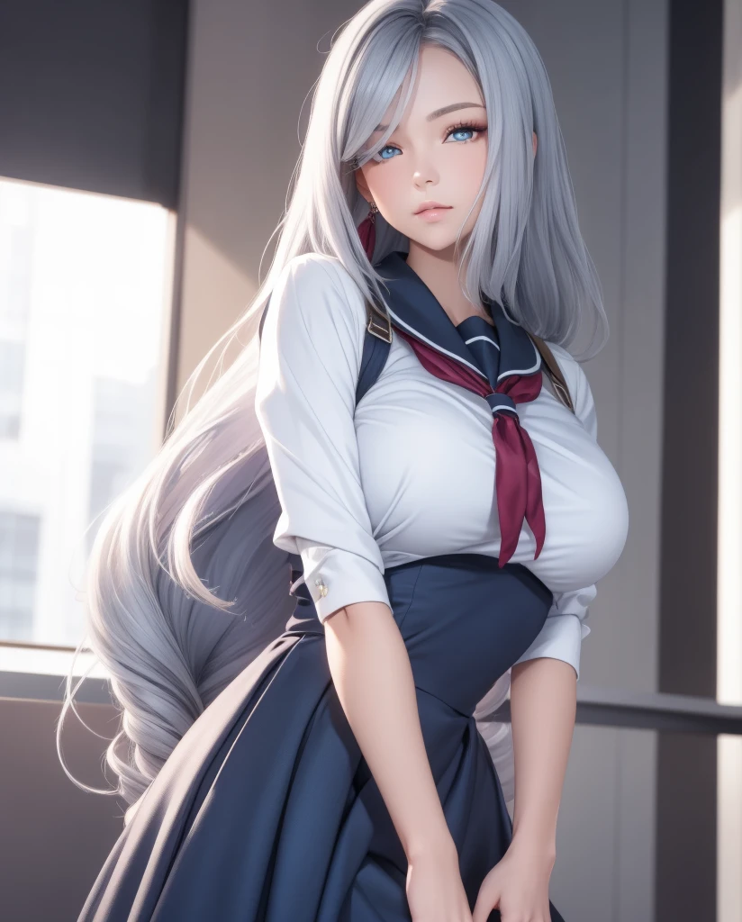     a beautiful girl,   blue eyes  ,   closed lips    ,   long hair  ,    high resolution , breast ,   silver hair  ,  high resolution , Pechos, outfit school dress, traje de marinero, mirando la cámara, cuerpo entero
