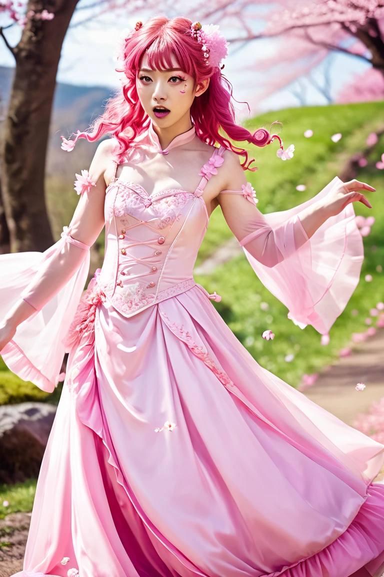 A fairy with curly pink hair and big pink eyes in a ponytel is angrily chasing her in a dynamic pose looking at the camera、The hill where cherry blossom petals dance 、 A beautiful fairy woman with a well-groomed face is wearing a dress in a fantasy costume 、髪は風に舞いThe hill where cherry blossom petals dance 