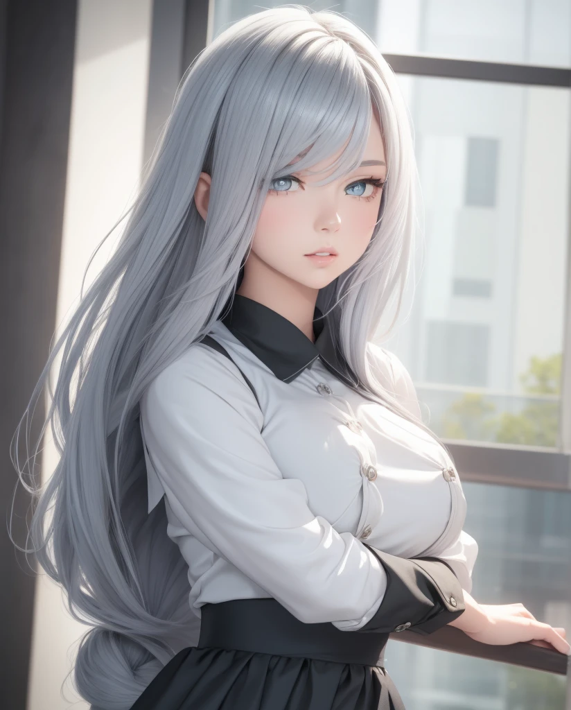     a beautiful girl,   blue eyes  ,   closed lips    ,   long hair  ,    high resolution , breast ,   silver hair  ,  high resolution , Pechos, outfit school dress, traje de marinero, mirando la cámara, cuerpo entero
