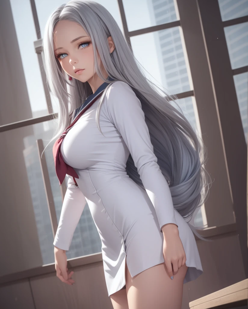     a beautiful girl,   blue eyes  ,   closed lips    ,   long hair  ,    high resolution , breast ,   silver hair  ,  high resolution , Pechos, outfit school dress, traje de marinero, mirando la cámara, cuerpo entero
