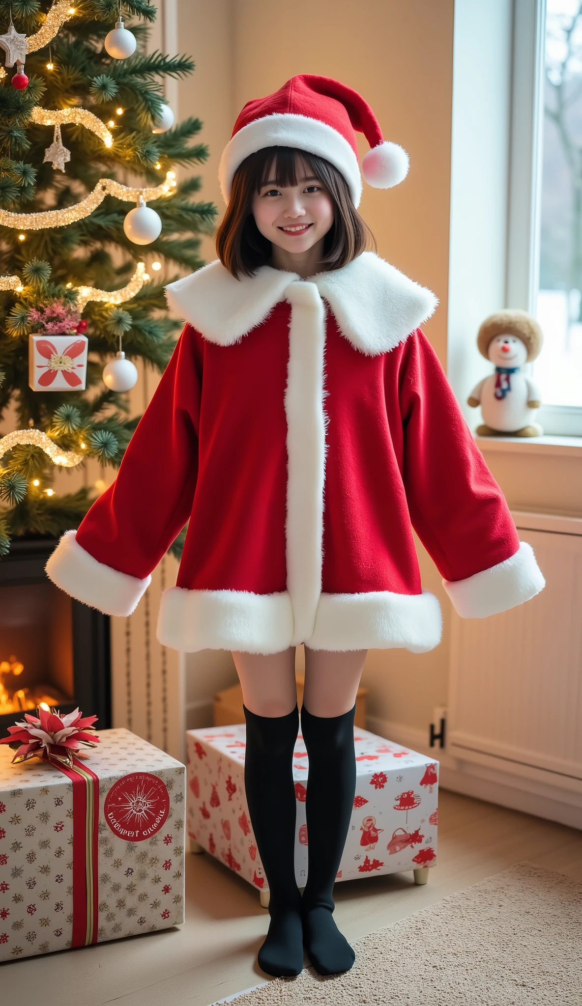  Santa Claus cosplay、 cute Japanese girl 、 small boobs、 black knee socks、、 Natural Look 、 full body angle、  Christmas tree 、 background is a large gift box、 room with fireplace 、The warm colored 、 snow outside the window、