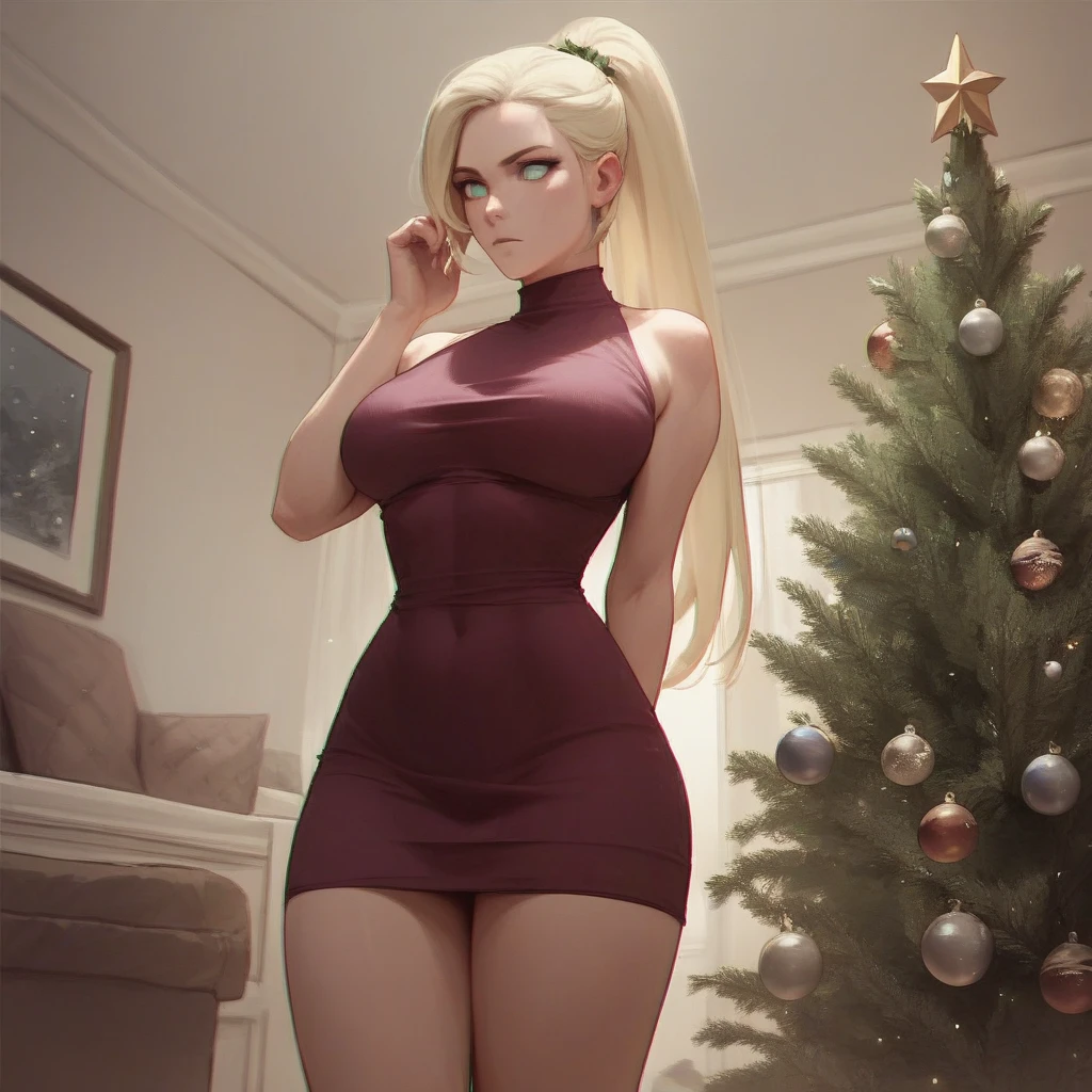 A long blonde ponytail hairstyle girl with light green eyes, tall, slender, curvaceous body wearing a purple christmas dress on the living room as she stand in front of the Christmas tree.