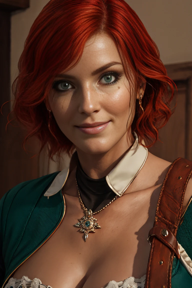 score_9, score_8_up, score_7_up, score_6_up, score_5_up, 1girl, Triss, 1girl, solo, long hair, looking at viewer, smile, short hair, green eyes, Jewerly, red hair, lips, makeup, lipstick, eyeshadow, (insanely detailed, beautiful detailed face, masterpiece, best quality) 