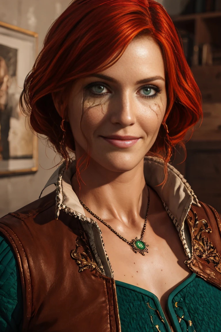 score_9, score_8_up, score_7_up, score_6_up, score_5_up, 1girl, Triss, 1girl, solo, long hair, looking at viewer, smile, short hair, green eyes, Jewerly, red hair, lips, makeup, lipstick, eyeshadow, (insanely detailed, beautiful detailed face, masterpiece, best quality) 