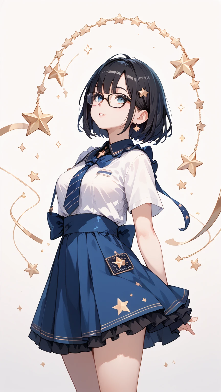 Black hair, glasses, looking up at the stars