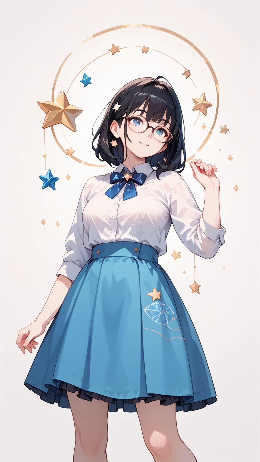 Black hair, glasses, looking up at the stars