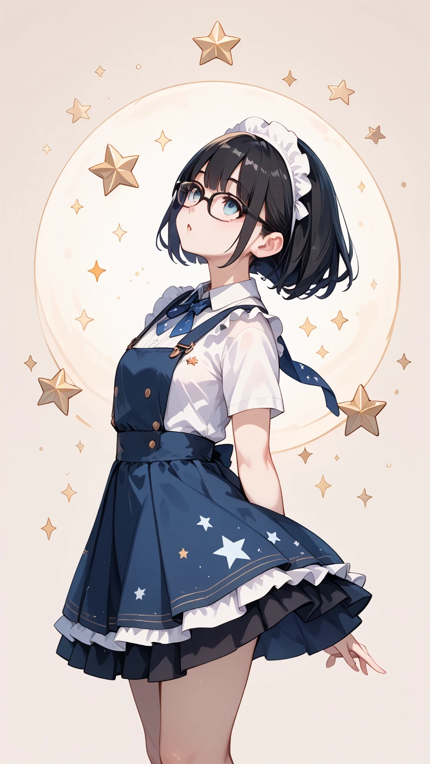 Black hair, glasses, looking up at the stars