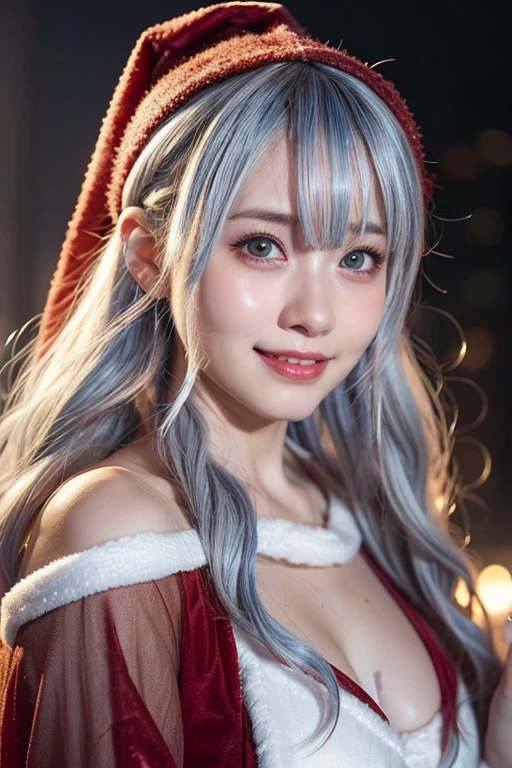 winter night, a girl dressed as see-through Santa, pulling a Christmas sleigh, fairy tale worldview, bitter smile, reindeer with a smile on the board, a lot of gift boxes falling from the sleigh, wavy long length hair, plae blue and white hair, pompadour hairstyle, twisted bangs, beautiful white-colored translucent skin, glamorous figure, very sweaty, alluring, glossy face, about to cry, a comical scene, {realistic}, {cinematic}, {photogenic}