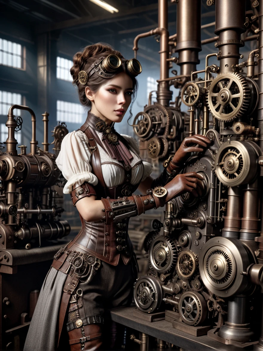   woman operating machine in factory,  steampunk,  boots,  gloves, mad-stpk -bts, mad-stpk _ glvs masterpiece  ,  top quality,   ultra high resolution, (photo realistic ,  realistic :1.2),  deep shadow ,  RAW photos ,  Filmgrain, Fujifilm XT3,  8K Ultra HD ,  DSLR 