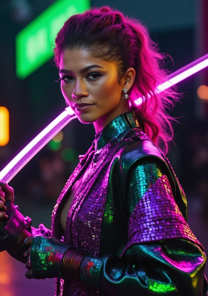 High res waist up portrait photo of a woman directly facing the camera with her hair in a high ponytail . She is not looking at the camera with a slight seductive look. 