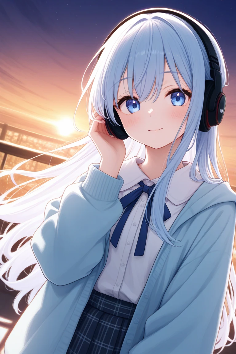 My hair is light blue and my eyes are light blue、 headphones