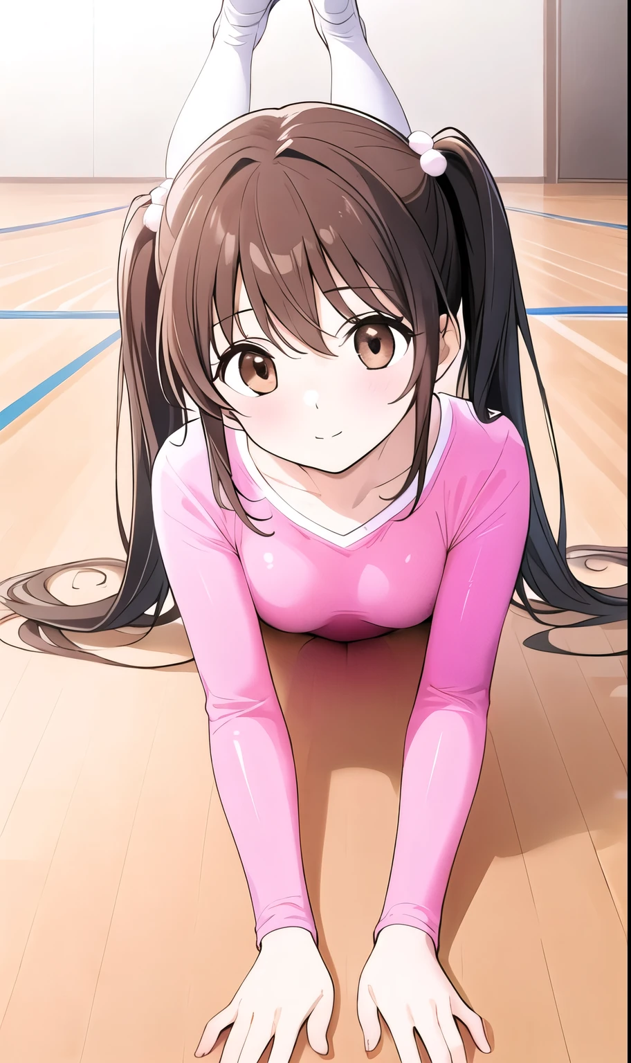 the anime girl is on the ground with one hand up to her face, 1girl, solo, athletic leotard, gymnastics, pink leotard, twintails, leotard, long hair, looking at viewer, brown hair, split, wooden floor, breasts, brown eyes, blush, flexible, bangs, hair ornament, closed mouth, long sleeves, indoors