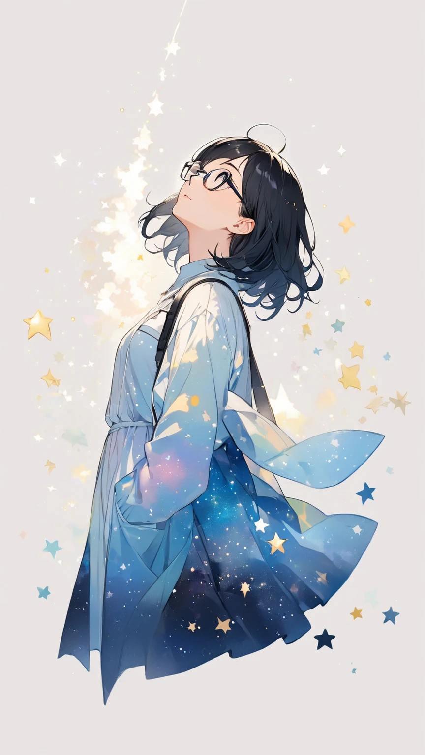 Black hair, glasses, looking up at the stars