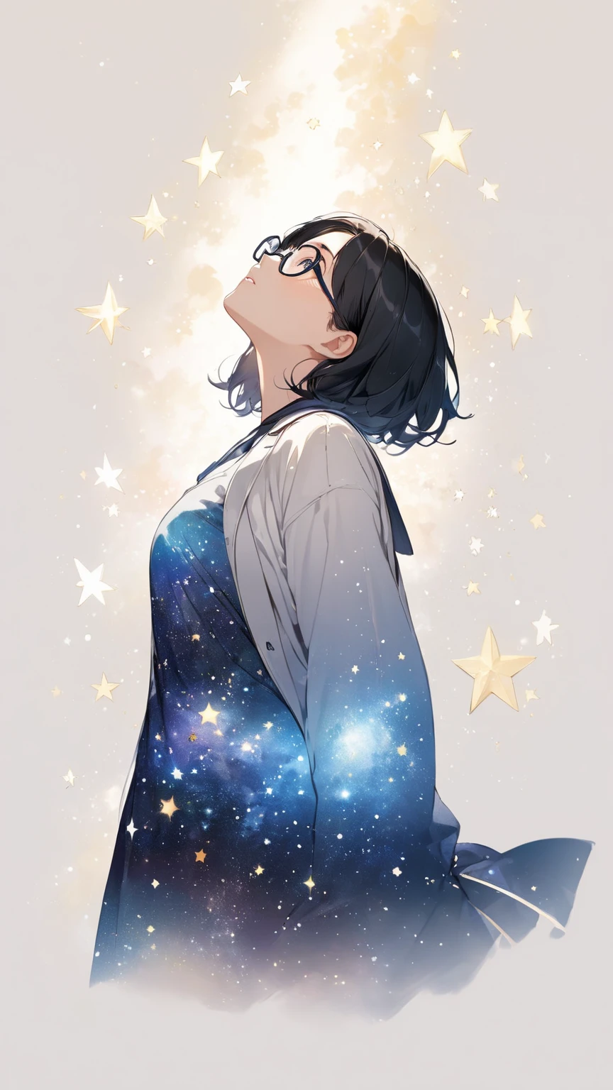 Black hair, glasses, looking up at the stars