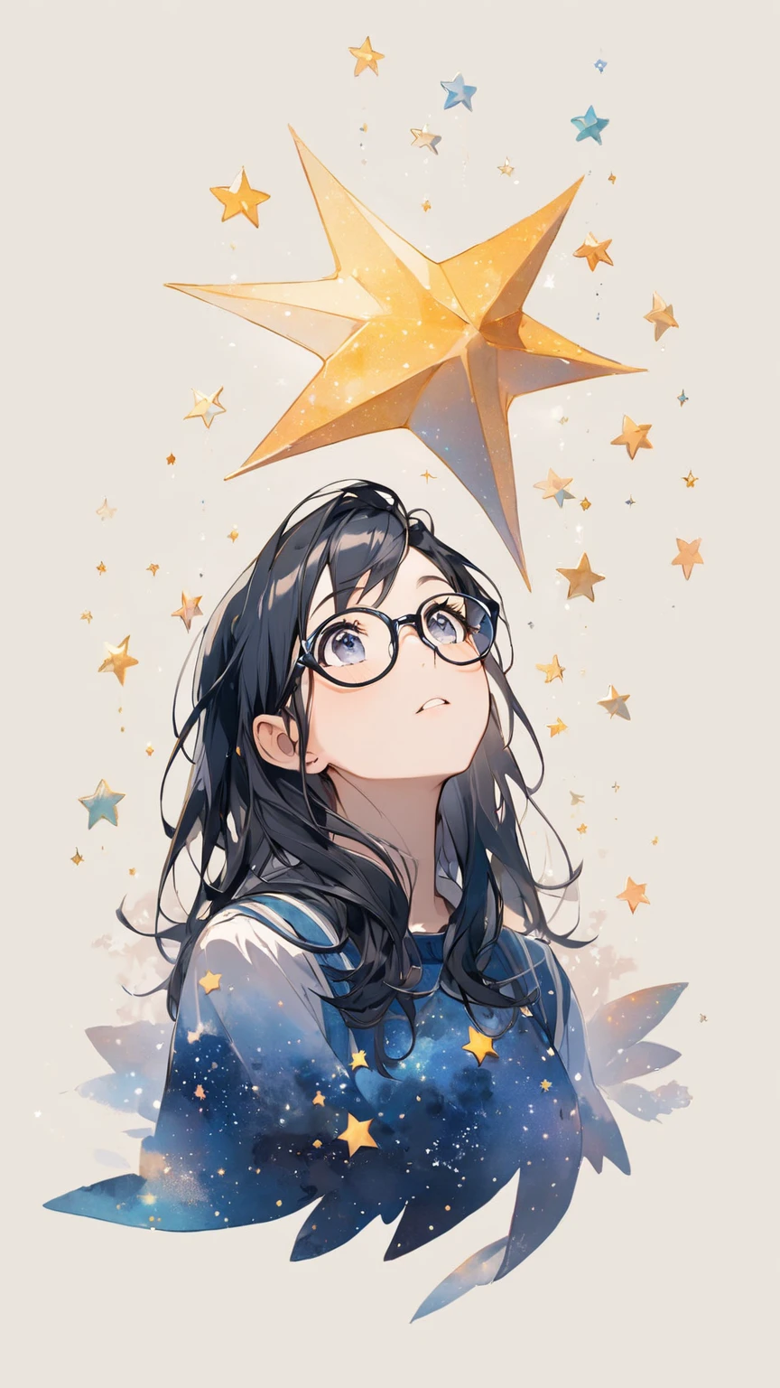 Black hair, glasses, looking up at the stars