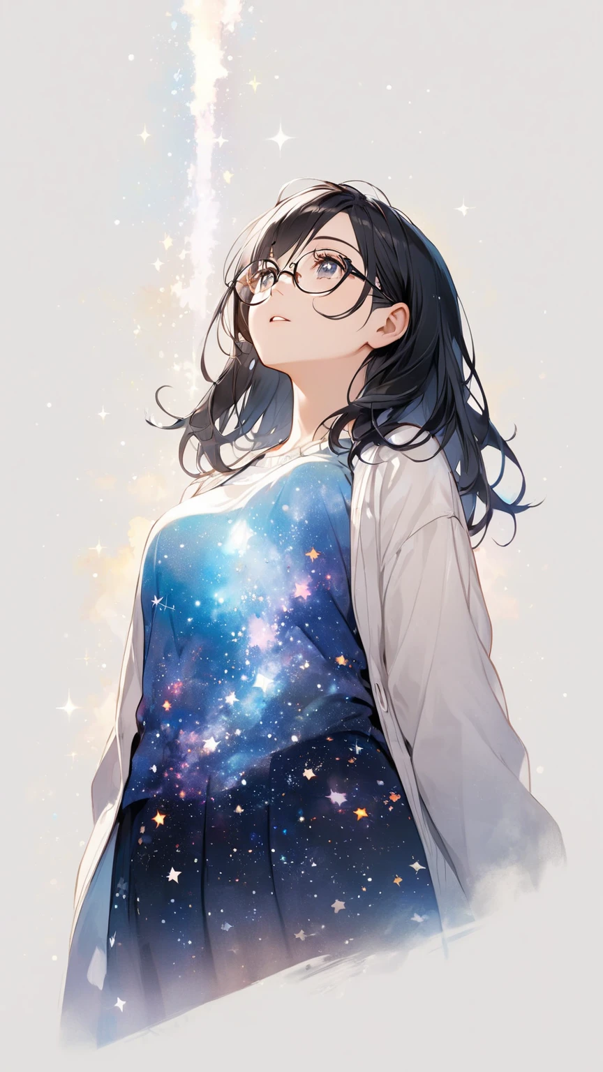 Black hair, glasses, looking up at the stars