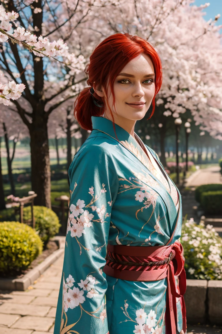 trissW3_soul3142, green eyes, red hair, ponytail, green attire, traditional kimono, sash, floral pattern, long sleeves, looking at viewer, serious, smiling, standing, upper body shot, outside, garden, cherry blossom forest, fog, sunny, high quality, masterpiece, 