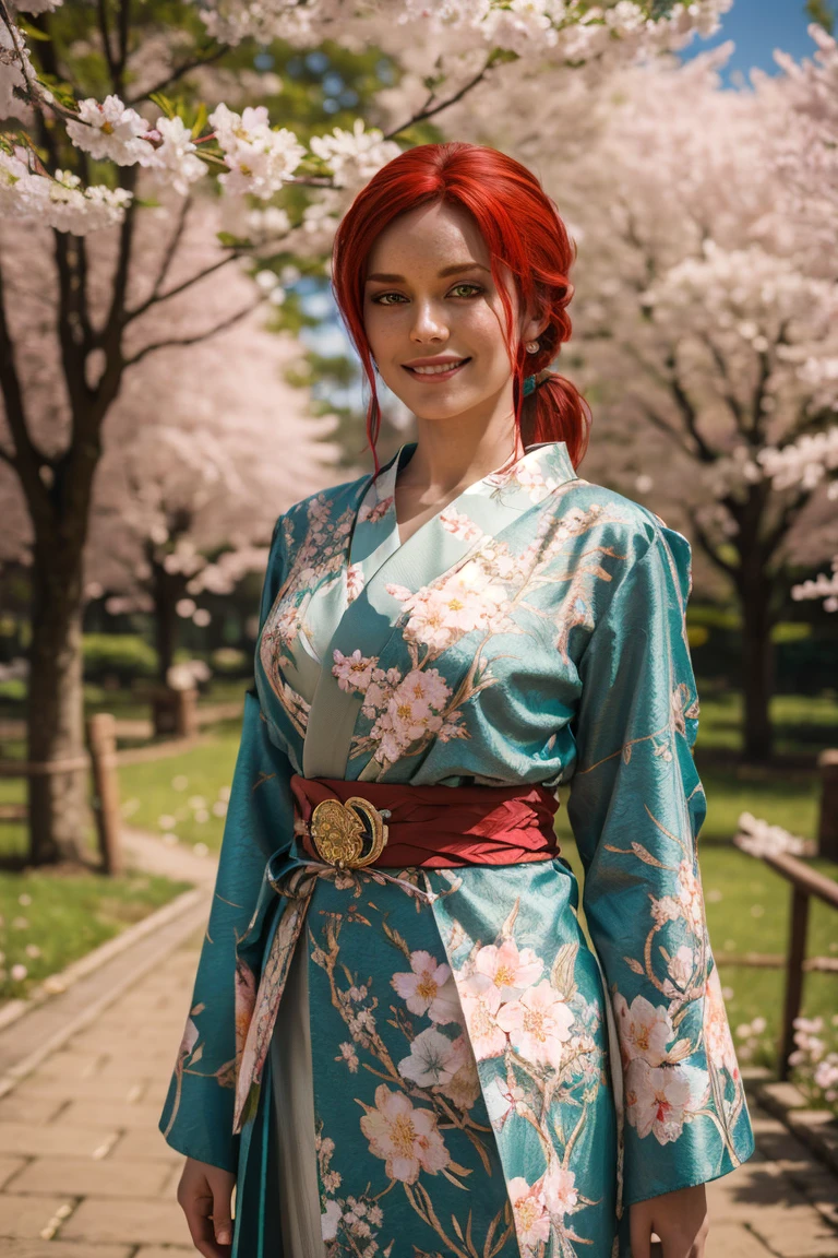 trissW3_soul3142, green eyes, red hair, ponytail, green attire, traditional kimono, sash, floral pattern, long sleeves, looking at viewer, serious, smiling, standing, upper body shot, outside, garden, cherry blossom forest, fog, sunny, high quality, masterpiece, 