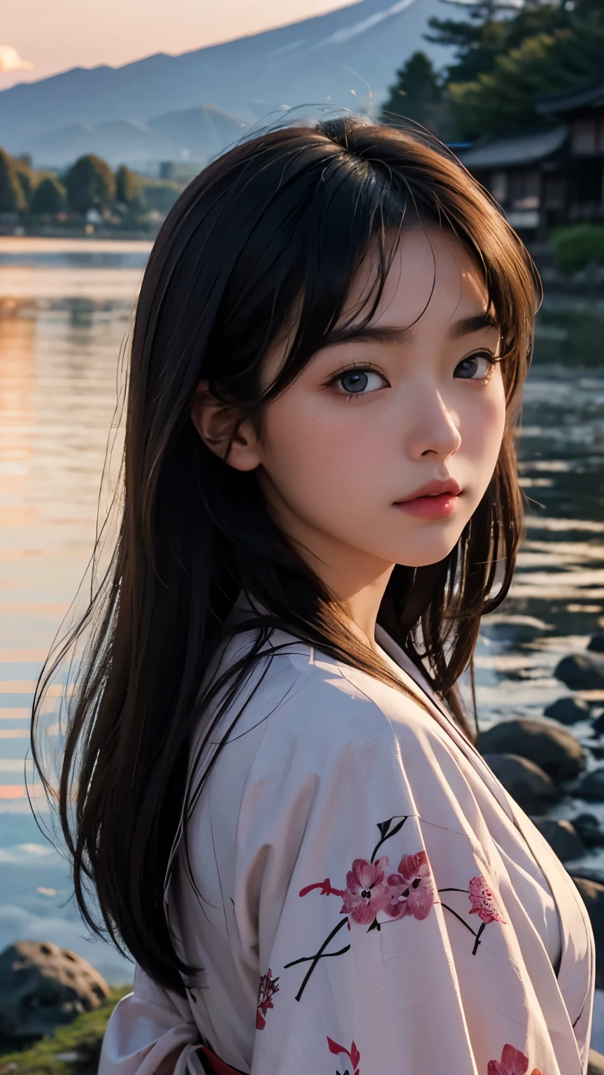 best quality, masterpiece, extremely detailed, detailed background, detailed eyes, Japanese cartoons, 1 Girl, beautiful eyes, Young Girls, Long hair girl, Expressive face, kimono, vintage, Mount Fuji landscape, outdoor, Sunset, beauty&#39;s sky, Picnic by the lake, landscape, landscape, horizon, Mountain next to mountain, valve, spring, Look away, Mood lighting, reflection, naturalistic, detail, realism. relaxation, beauty, Focus only, close up, from the side, Depth of Field, Bokeh