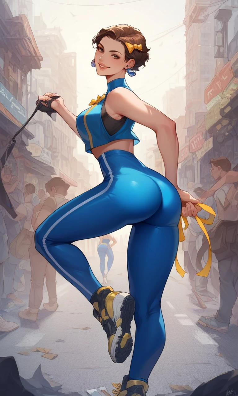 score_9, score_8_up, score_7_up, score_6_up,  source_cartoon, BREAK masterpiece. ,  brown eyes,  Double Bang ,  yellow ribbon ,  blue bodysuit ,  crop top,  Sleeveless, chest,  putting hands on her hips , street, cityscape, The Trail, smile, Open lips,、Ass fetish、 Greek foot sole