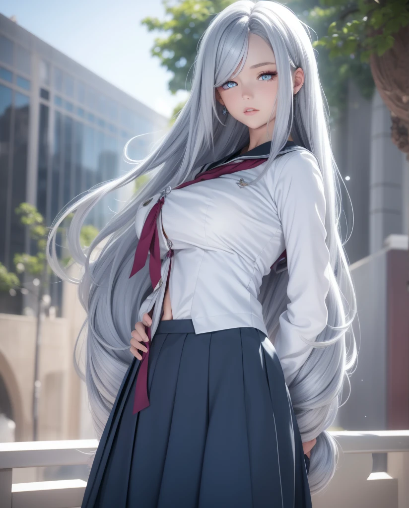     a beautiful girl,   blue eyes  ,   closed lips    ,   long hair  ,    high resolution , breast ,   silver hair  ,  high resolution , Pechos, outfit school dress, traje de marinero escolar , mirando la cámara, cuerpo entero
