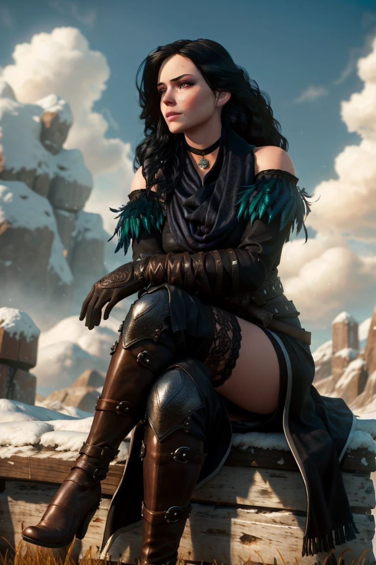 (masterpiece, best quality:1.2),  yenW3_soul3142, 1girl, solo, long hair, black hair, purple eyes, scarf, black dress, bare shoulders, feathers, thighhighs, gloves, sitting, boots, sky, choker, day, elbow gloves, cloud, crossed legs, realistic